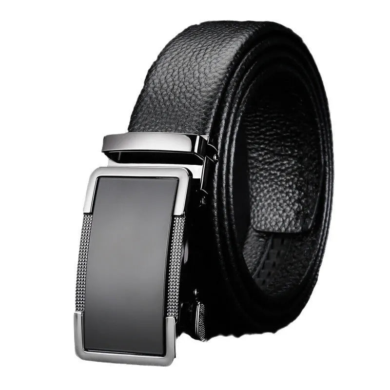 Men's leather belt with automatic alloy buckle in gold, gun black, or silver colour