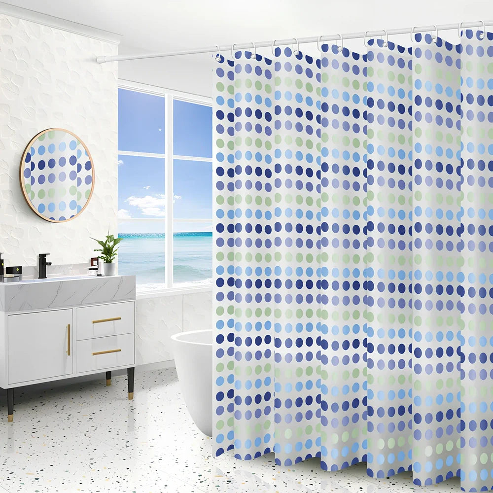 PEVA shower curtain with geometric pattern and stainless steel buttonholes in bathroom setting