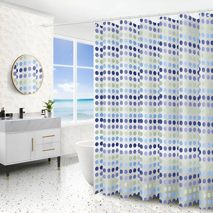 PEVA shower curtain with geometric abstract pattern and stainless steel buttonholes, available in multiple sizes and colours
