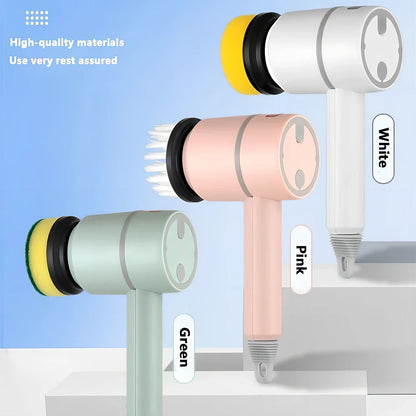 Electric cleaning brush with pink housing and multiple brush attachments for kitchen and bathroom surfaces