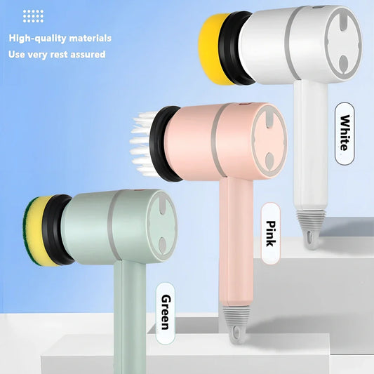 Electric cleaning brush with pink housing and multiple brush attachments for kitchen and bathroom surfaces