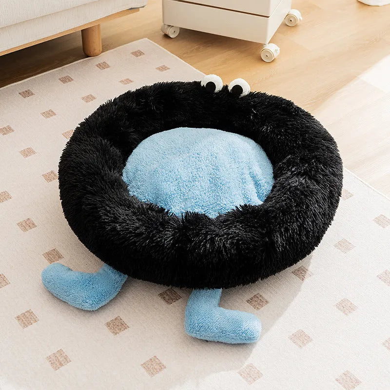 Elf Briquettes blue plush kennel-style dog bed with raised sides
