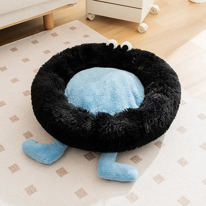 Elf Briquettes blue plush kennel-style dog bed with raised sides