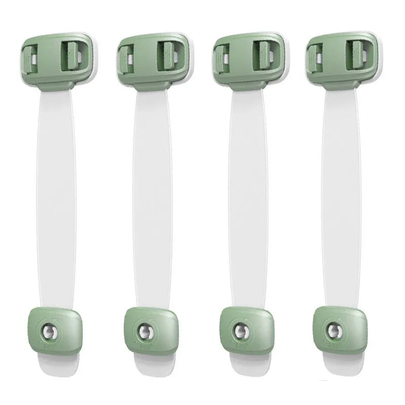 Grey adjustable child safety lock strap with 3M adhesive, shown securing a cabinet door.