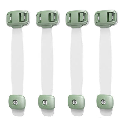 Grey adjustable child safety lock strap with 3M adhesive, shown securing a cabinet door.