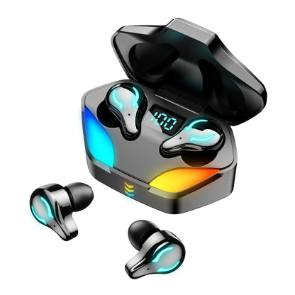 Black wireless Bluetooth gaming headset with in-ear earplug design showing battery display and call functions