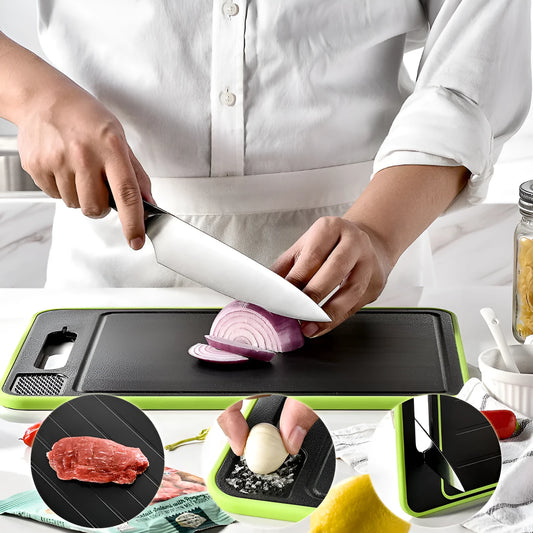 Grey square aluminium cutting board with double-sided design showing grinding teeth and knife sharpener