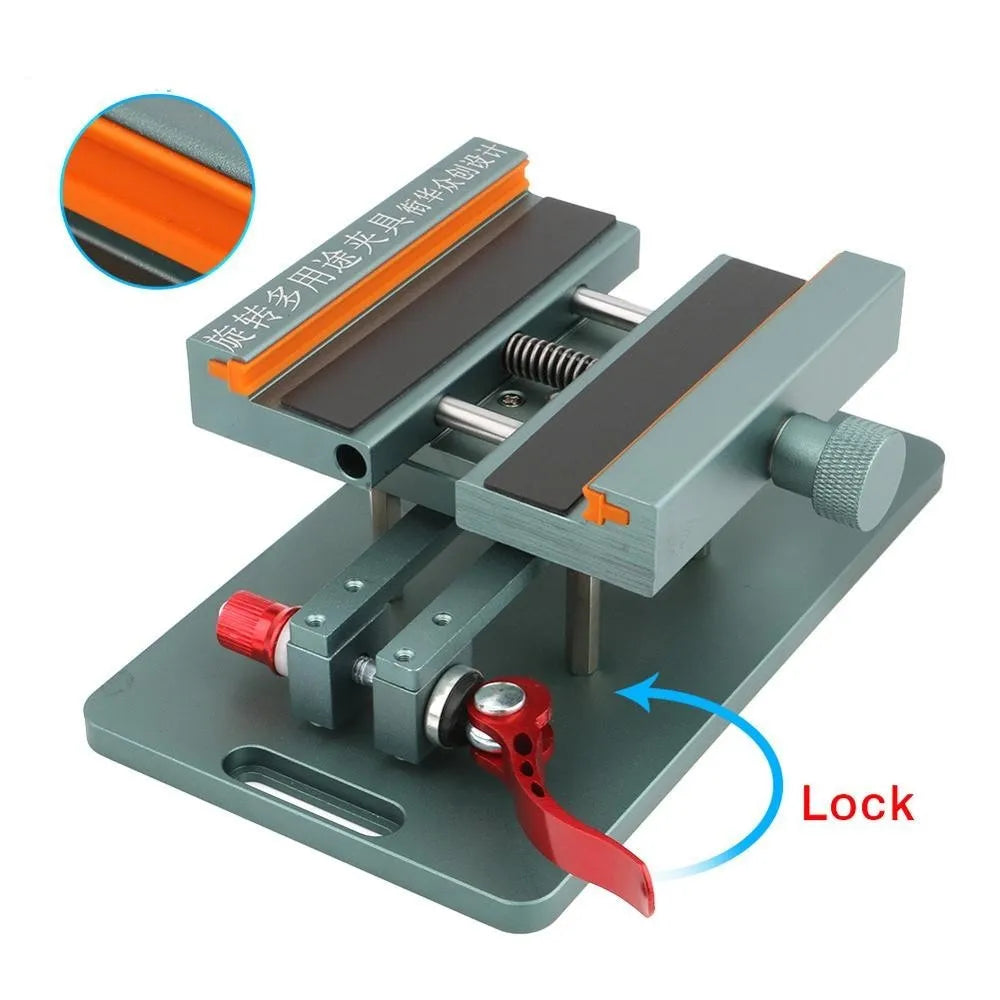 Mobile phone repair fixture with adjustable grip, silicone padding, and 360-degree rotation for rear cover removal