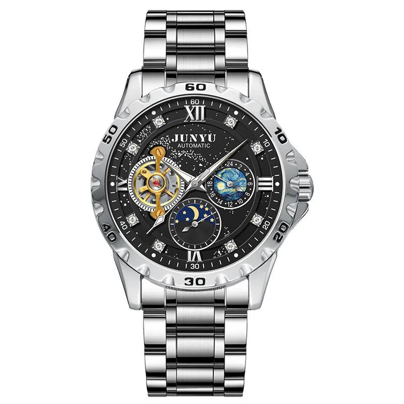 Men's automatic mechanical watch with luminous hands on starry sky dial in rose gold case