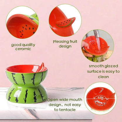 Ceramic raised cat bowl with tilted design in fruit pattern colours