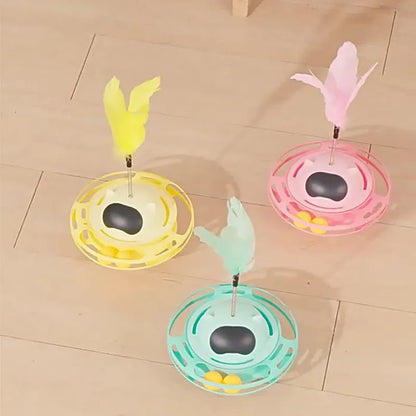 Pink cat tumbler turntable toy for self-play, measuring 17cm by 10cm.