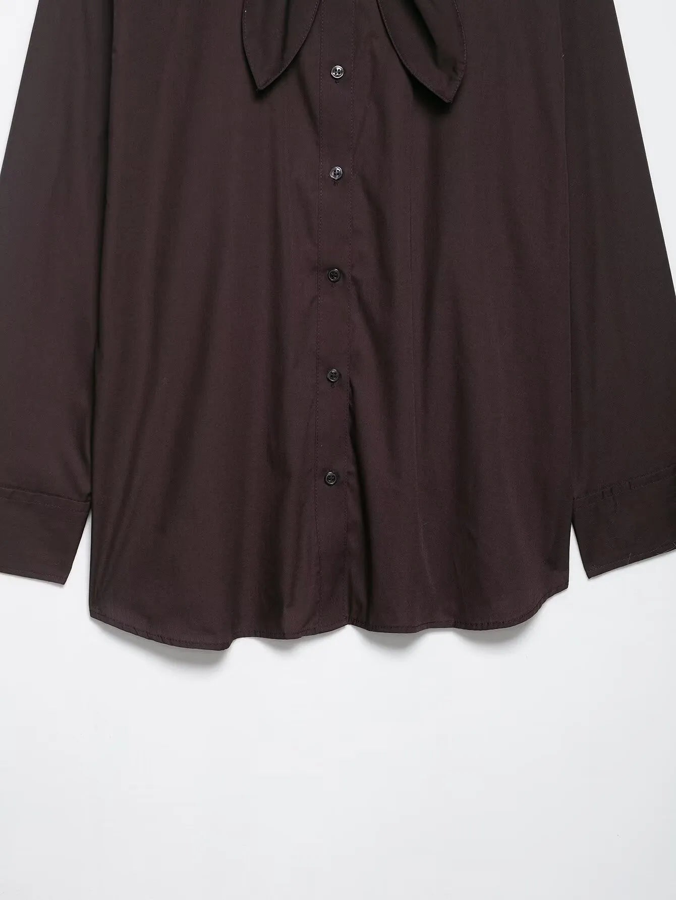 Brown women's loose fit poplin shirt with cardigan-style opening and bow tie detail