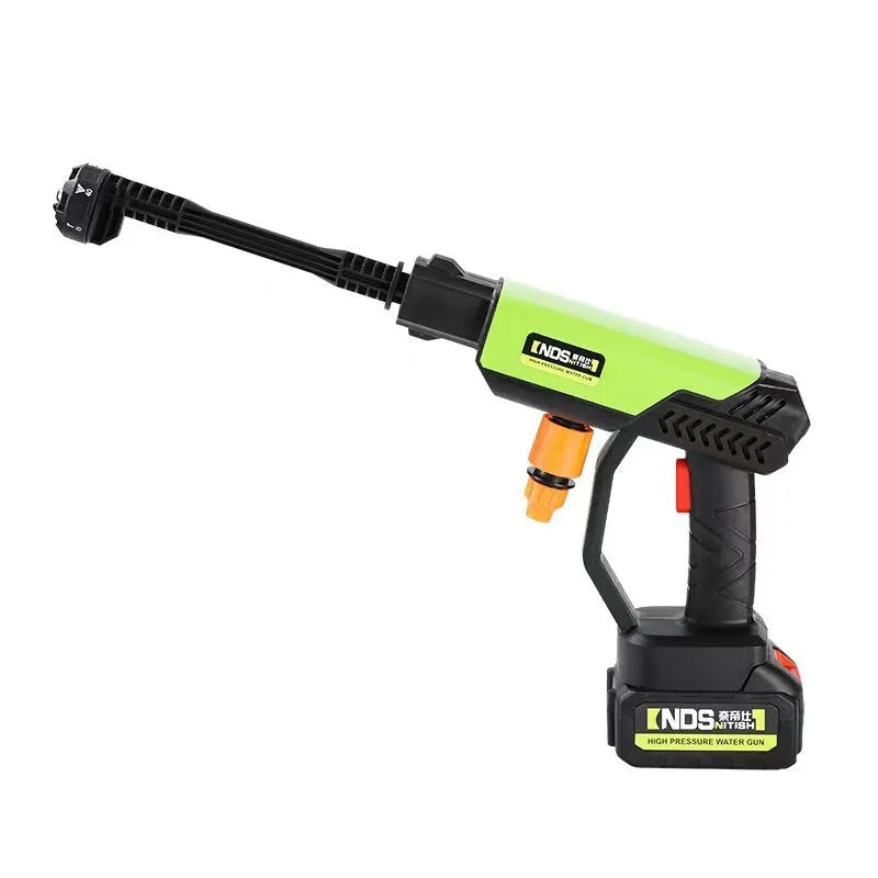 Wireless high-pressure water gun with green and yellow nozzle settings, measuring 400 mm, for outdoor cleaning tasks