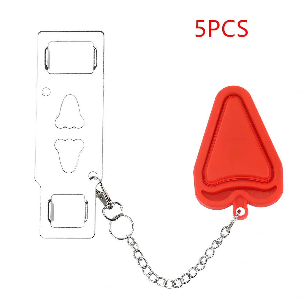 Red portable door security latch with chrome metal components for tool-free installation