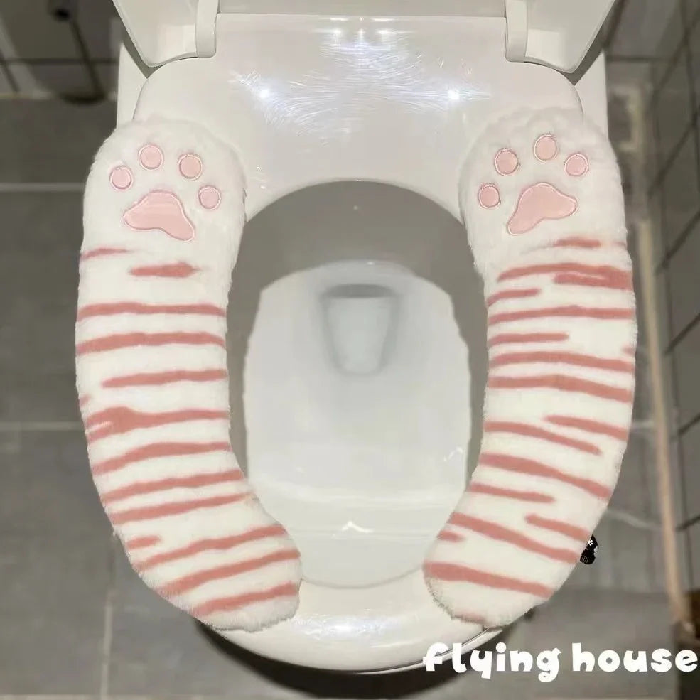 Cartoon stripe toilet seat cushion with plush material and waterproof adhesive backing