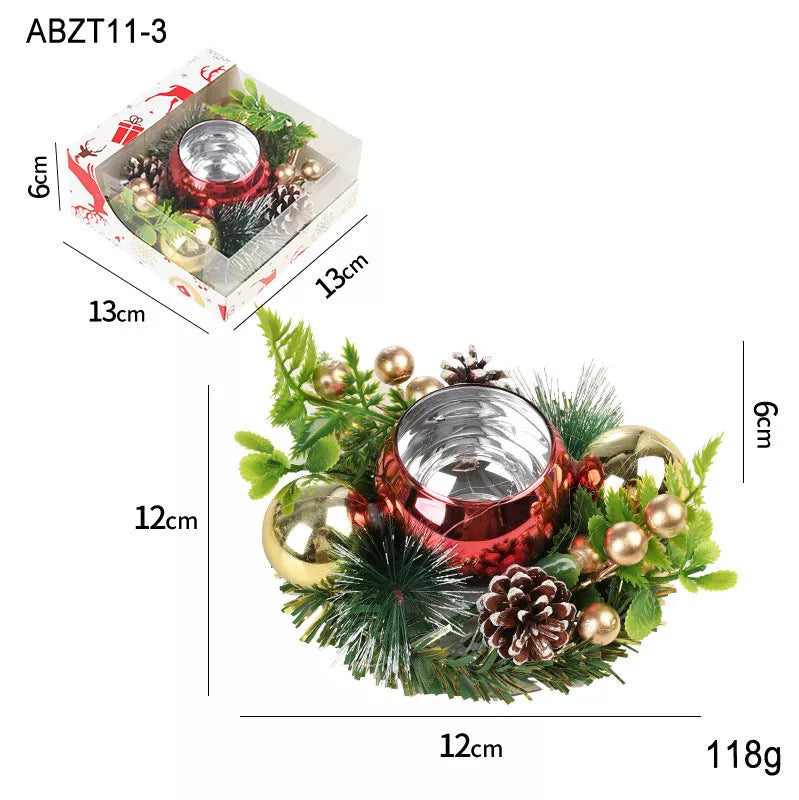 Christmas candlestick wreath with artificial pinecones and fake leaves for holiday decor