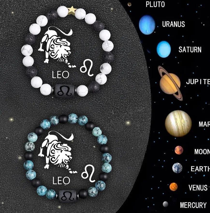 Twelve Zodiac Sign beaded bracelet set with natural stone beads and stainless steel clasp on wrist