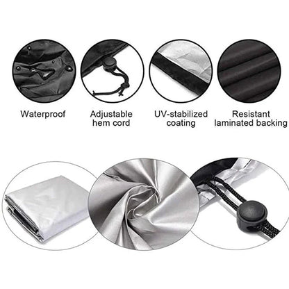 Waterproof furniture cover protecting outdoor table and chairs from rain with integrated storage bag