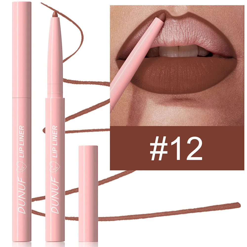 Velvet matte lip liner pencil in one of 12 colours with soft blunt tip for lip definition