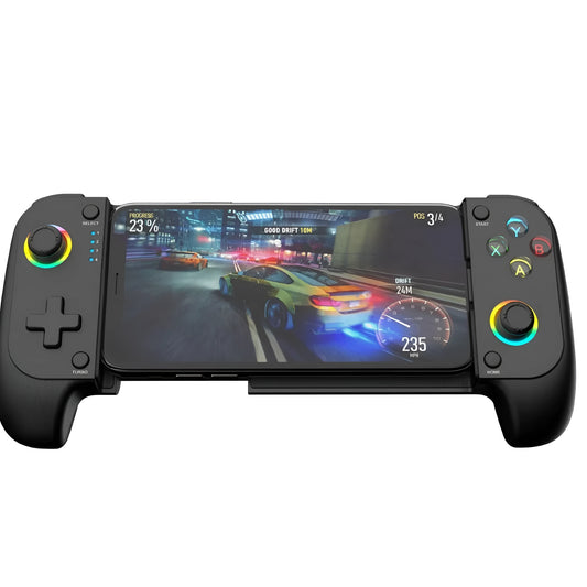 Bluetooth wireless stretchable mobile game controller holding a smartphone, shown in black, red and blue, and white colour options.