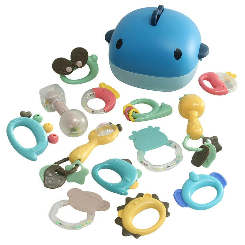 Montessori teething toy set with colorful rattles and textured teethers for babies 0-12 months