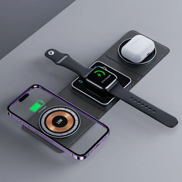 3-in-1 Magnetic Wireless Charging Station for iPhone, Apple Watch, and AirPods with folding design and safety features