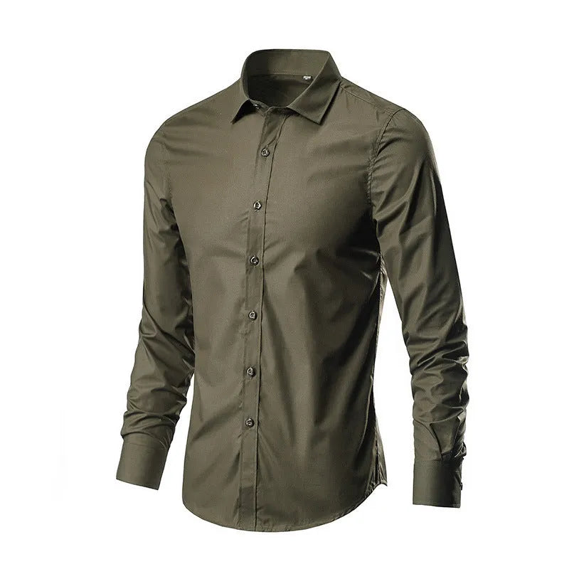Long-sleeve linen shirt in various colours including black, brown, and navy blue, with loose fit and sizes up to 5XL