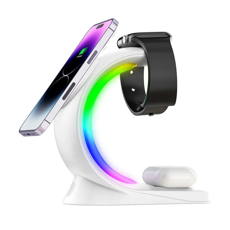 4-in-1 Magnetic Wireless Charging Station with RGB Atmosphere Light, Compatible with Smartphones, AirPods, and Apple Watch