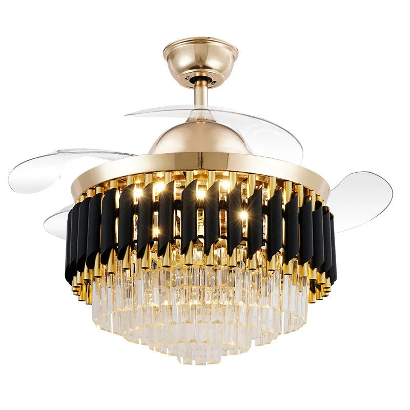 Crystal lampshade LED ceiling fan light with remote control on a white ceiling.