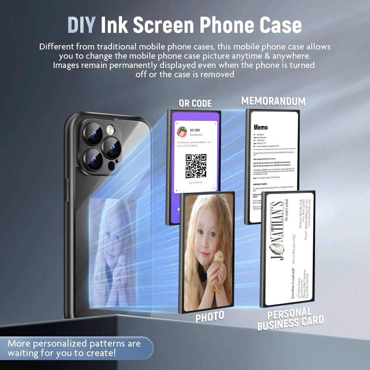 iPhone 15 Pro Max NFC ink screen flip phone case in black with DIY customisation elements visible