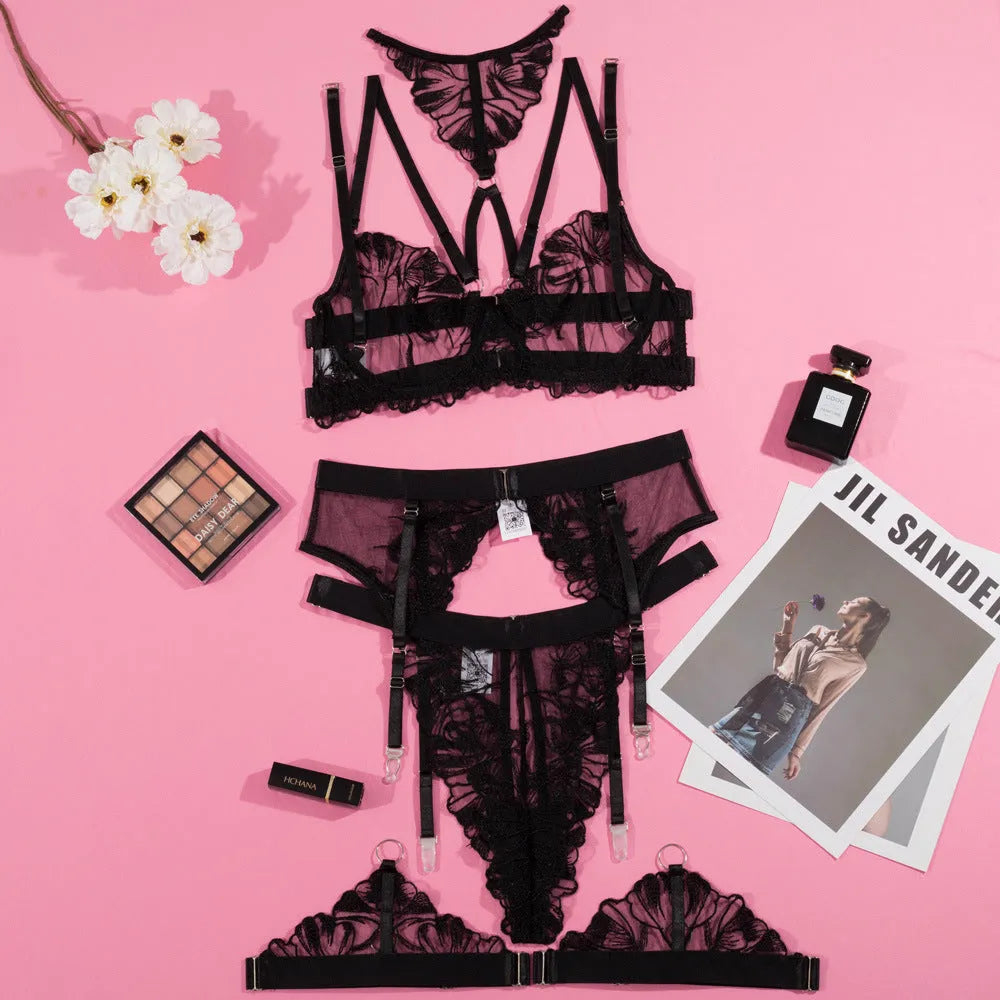 Black women's embroidery stitching mesh bra bikini set with three-point design