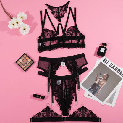 Black women's embroidery stitching mesh bra bikini set with three-point design