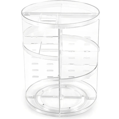 Transparent rotating cosmetics storage rack with skincare bottles organised on 360-degree rotating mechanism