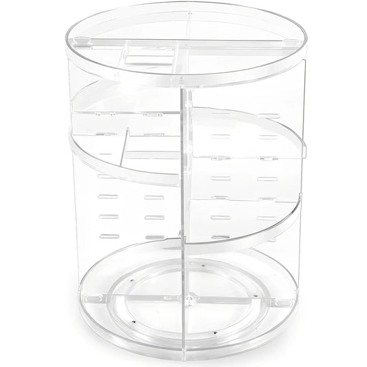Transparent rotating cosmetics storage rack with skincare bottles organised on 360-degree rotating mechanism