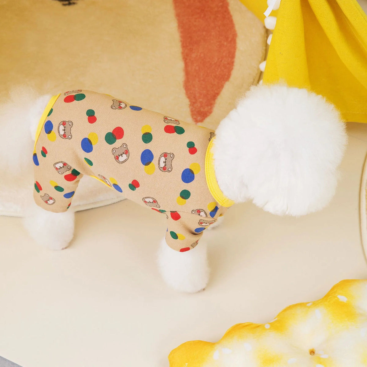 Colourful ball bear dog outfit in beige and light brown colours made from cotton spandex blend