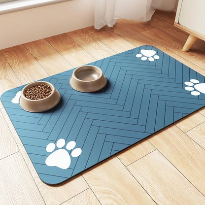 Diatomite pet floor mat in blue colour under pet feeding bowls showing water absorption