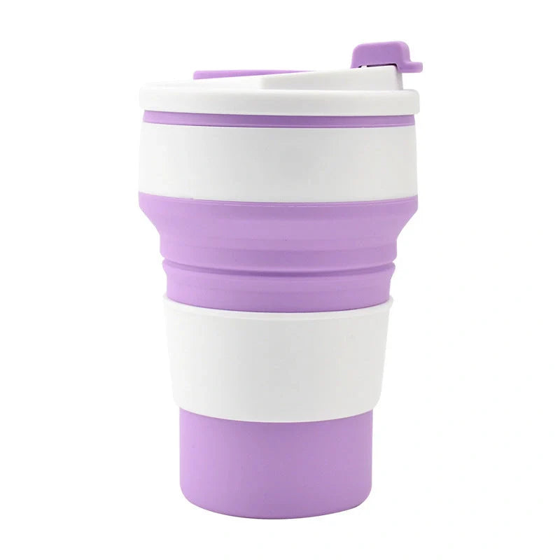 Collapsible silicone travel mug with leak-proof cover in various colors