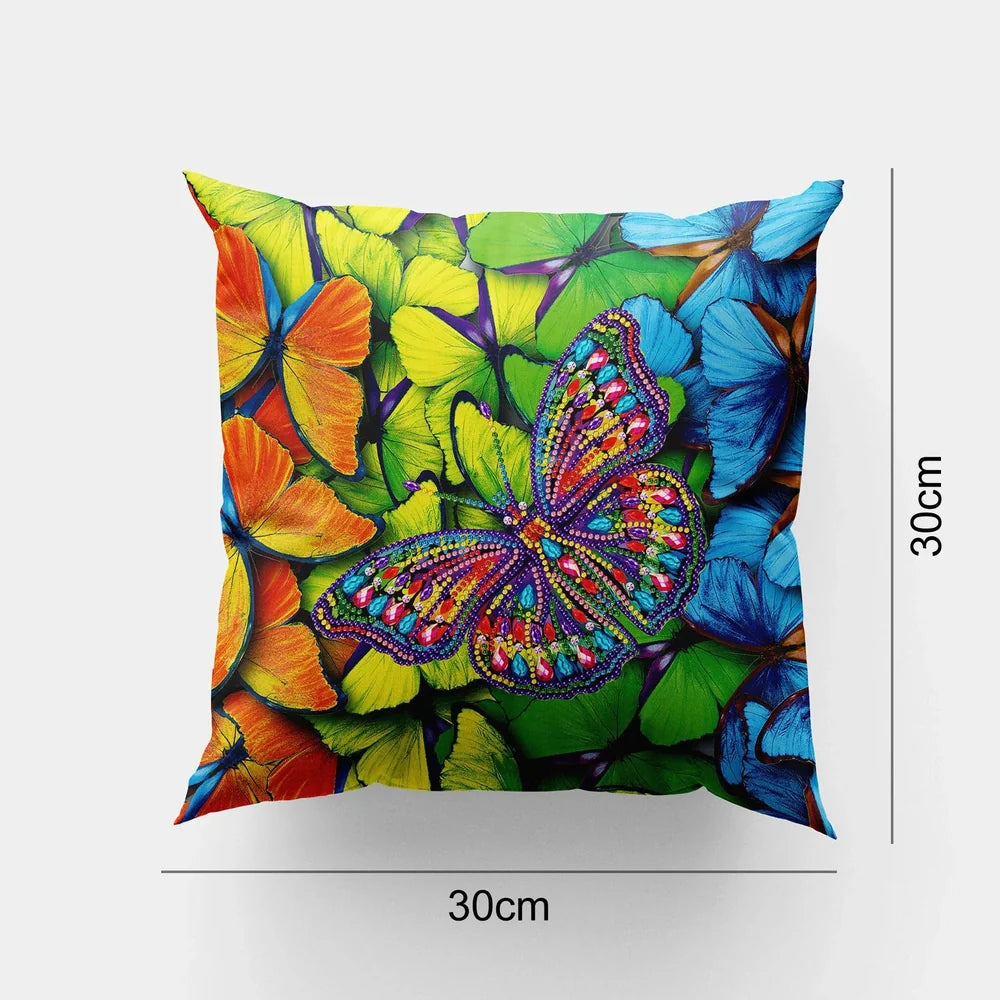 Handmade mandala pattern cushion cover with diamond painting accessories on wooden table