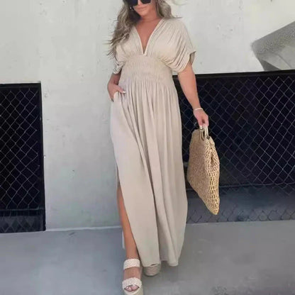 Stylish bat-sleeve v-neck slit dress in a variety of colors, including khaki, black, wine red, dark blue, and caramel