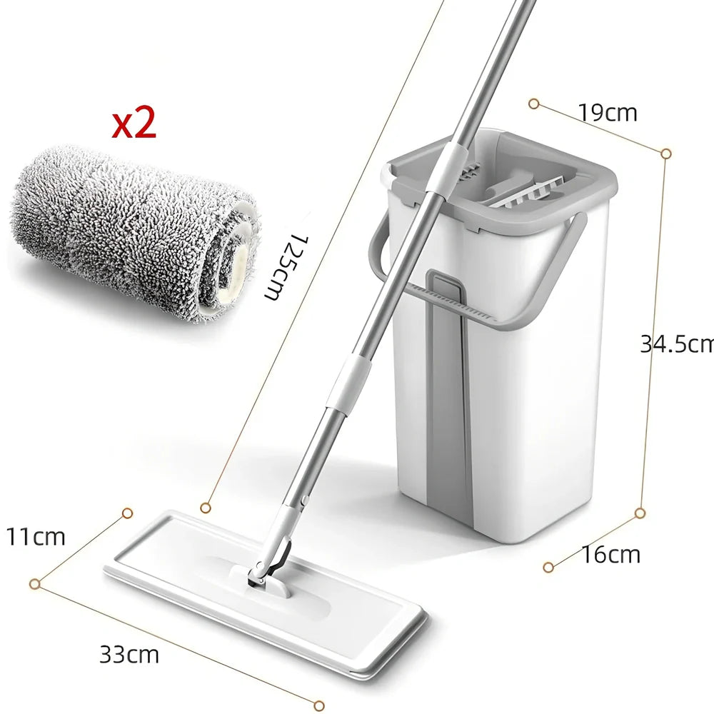 Rotating floor squeeze mop with microfiber head and flat bucket for home cleaning