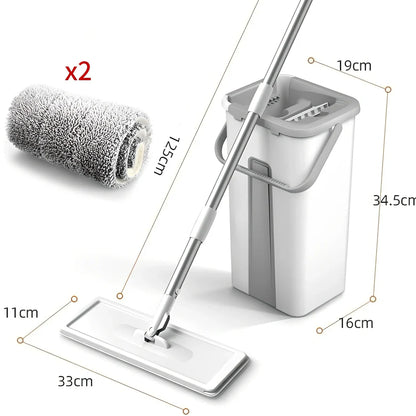 Rotating floor squeeze mop with microfiber head and flat bucket for home cleaning