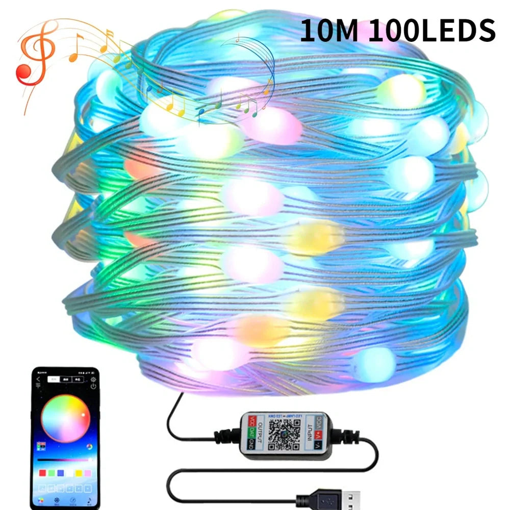 Bluetooth-controlled LED light string with 100 programmable lights in 10-metre length for custom lighting patterns