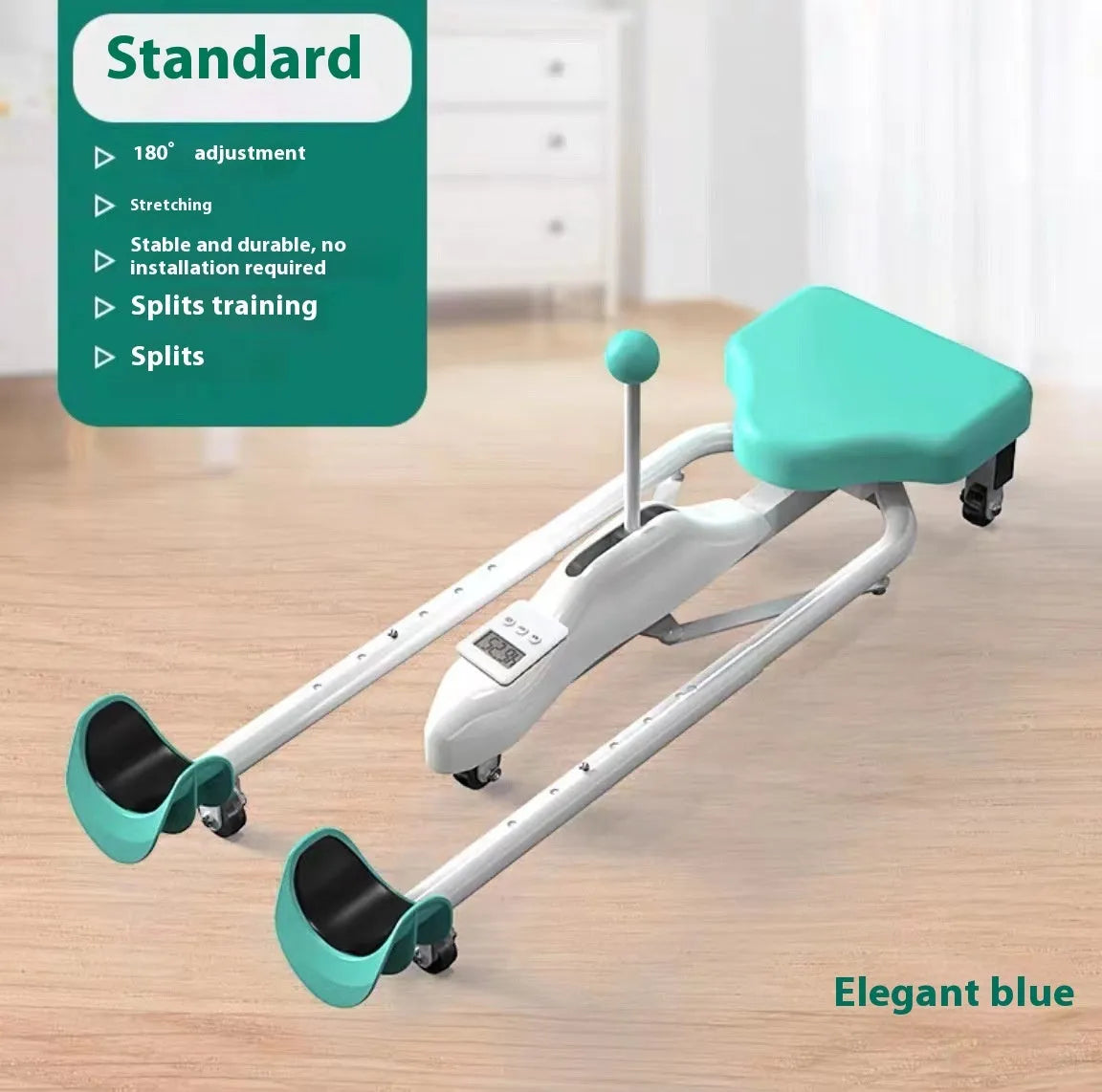 Steel-framed leg stretching equipment with foam padding in pink or blue, optional backrest version available