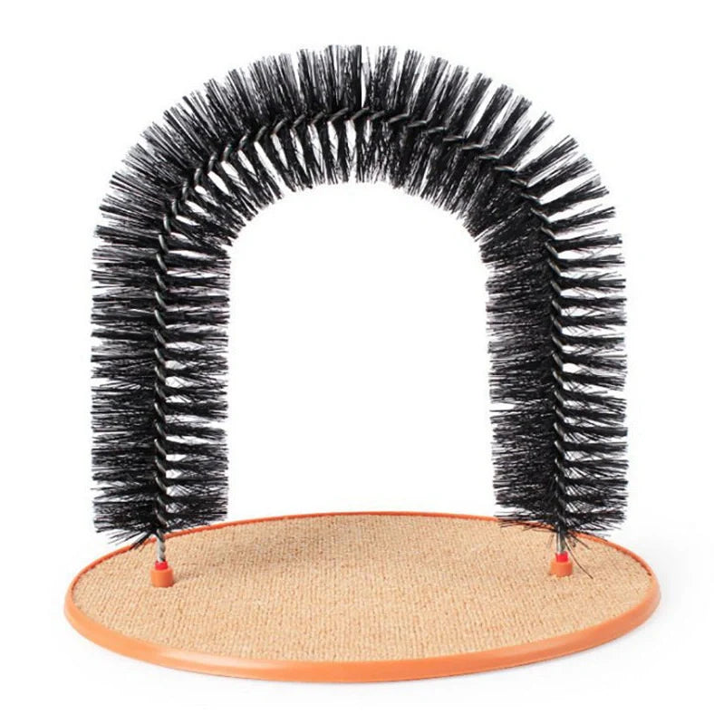 White arched cat grooming station with built-in brush bristles for scratching and coat care