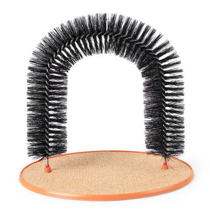 White arched cat grooming station with built-in brush bristles for scratching and coat care