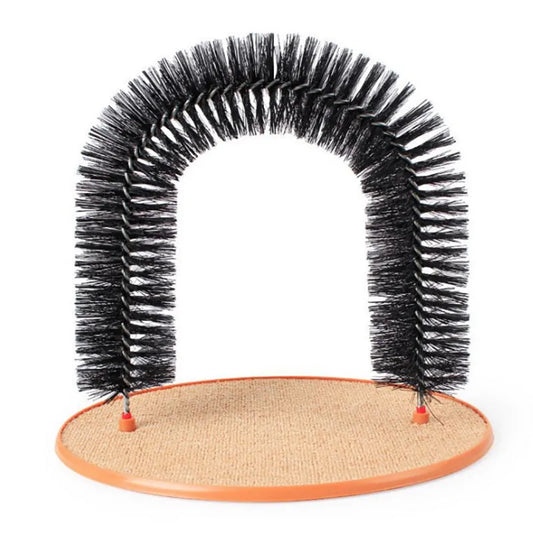 Arched cat grooming toy with built-in brush bristles for scratching and fur removal