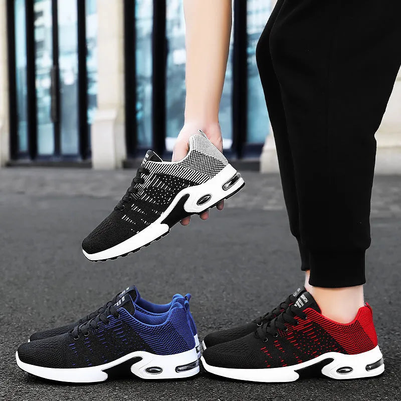 Men's Flyknit mesh casual sneakers in black and blue colour with round toe and lace-up front