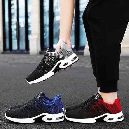 Men's Flyknit mesh casual sneakers in black and blue colour with round toe and lace-up front
