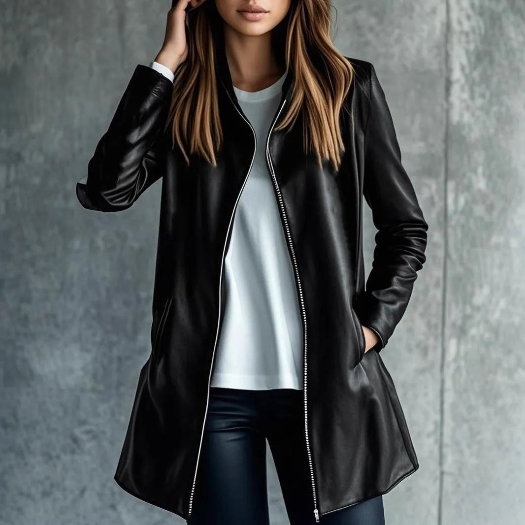 Women's black leather-style jacket with medium 65cm length and long sleeves