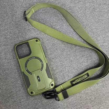 Magnetic invisible bracket phone case for iPhone 15 and 16 in Titan Gray with frosted finish and soft edge hard bottom.